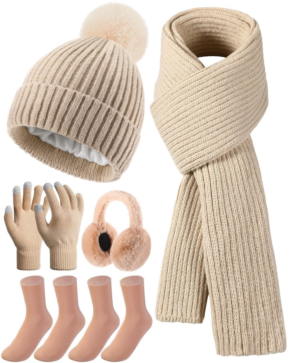 3134 6 Pcs Winter Warm Set Warm Beanies Hats Touchscreen Gloves Long Scarf